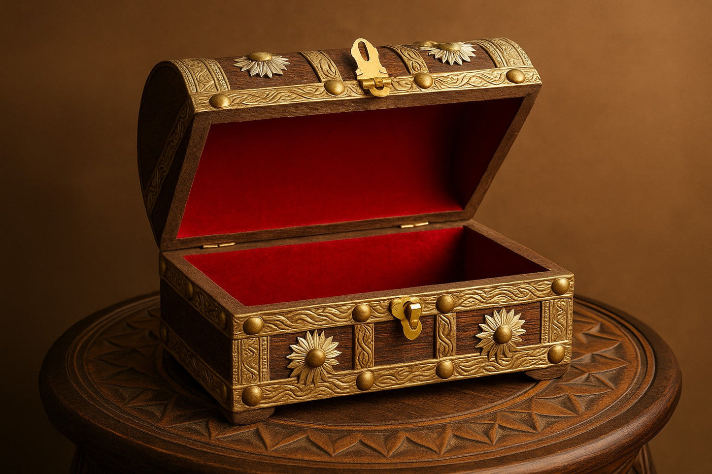Handcrafted Wooden Jewelry Box with Brass Work - Vintage-Style Treasure Chest