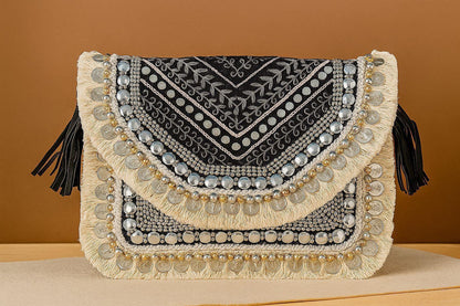 Handcrafted Boho Beaded Clutch & Sling Bag - Tribal Coins, Shells & Evil Eye Design