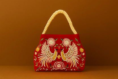 Handcrafted Velvet Mini Tote with Pearl Handle - 'Twin Peacocks' Embroidered Handbag