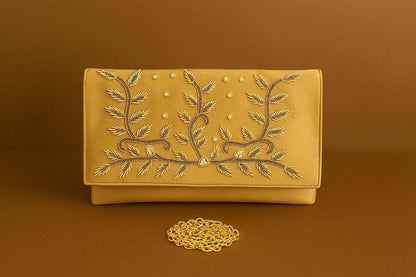 Handcrafted Velvet Envelope Clutch with Zari Embroidery - Golden Vine Party Bag