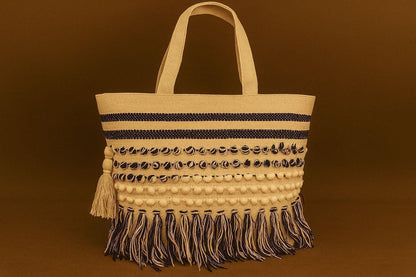 Handcrafted Multi-Textured Boho Tote - Woven Shoulder Bag with Fringes & Popcorn Details