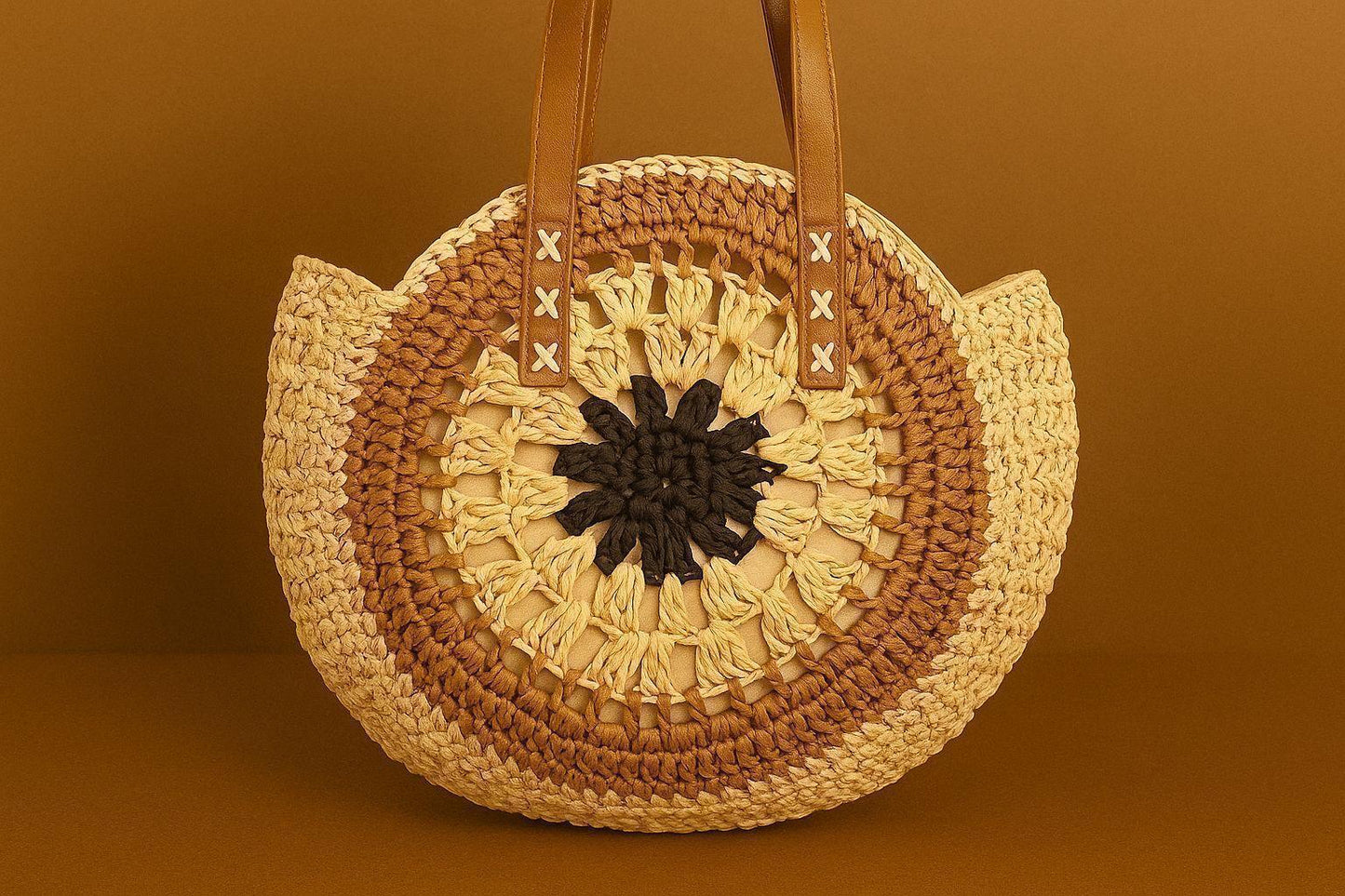 Handcrafted Crochet Mandala Tote Bag - Boho Round Shoulder Bag with Leather Handles