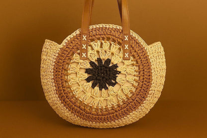 Handcrafted Crochet Mandala Tote Bag - Boho Round Shoulder Bag with Leather Handles