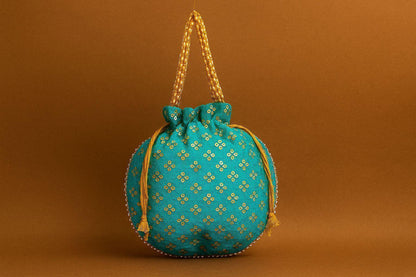 Handcrafted Silk-Blend Potli Bag with Golden Zari Motifs & Pearl Handle