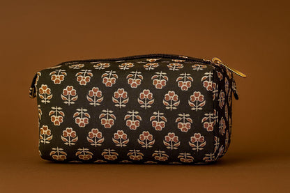 Handcrafted Indian Cotton Travel Pouch - Block Print & Ikat Cosmetic Bag / Utility Organizer