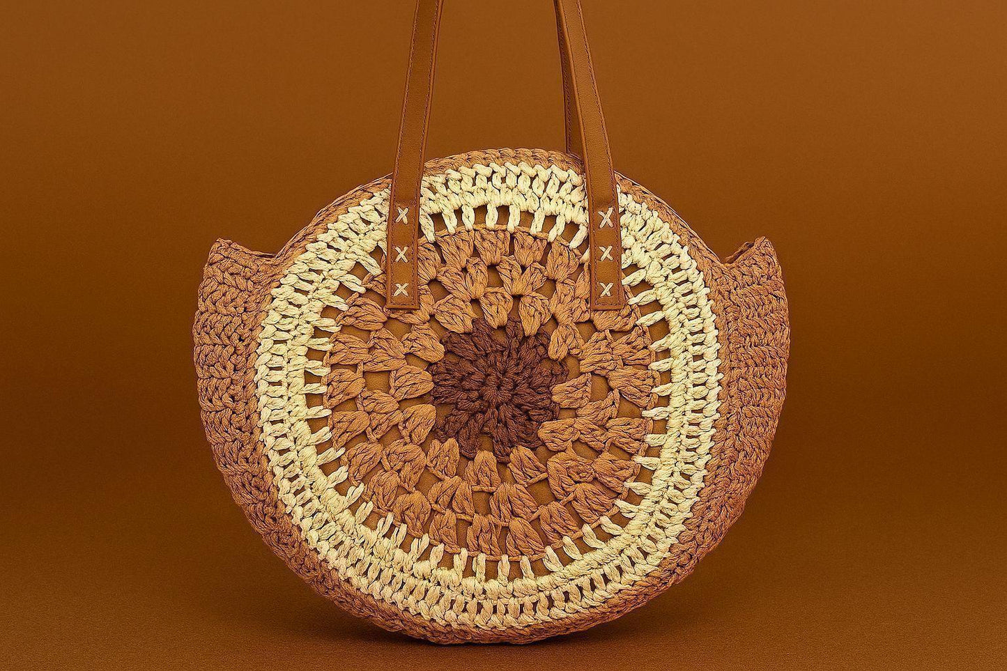 Handcrafted Crochet Mandala Tote Bag - Boho Round Shoulder Bag with Leather Handles