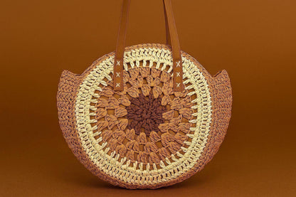 Handcrafted Crochet Mandala Tote Bag - Boho Round Shoulder Bag with Leather Handles