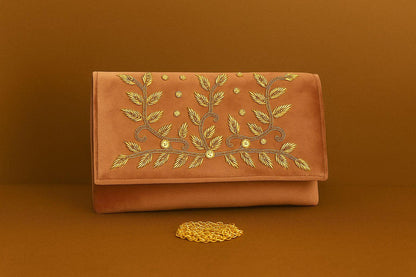 Handcrafted Velvet Envelope Clutch with Zari Embroidery - Golden Vine Party Bag