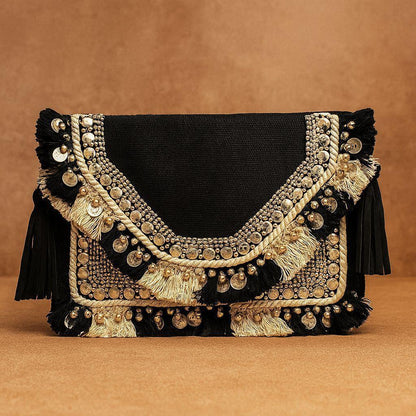 Handcrafted Boho Beaded Clutch & Sling Bag - Tribal Coins, Shells & Evil Eye Design
