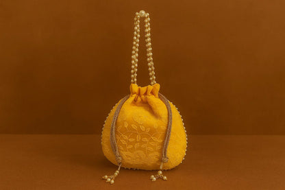 Handcrafted Self-Embroidered Silk Potli Bag with Pearl Handle - Monotone Ethnic Batwa