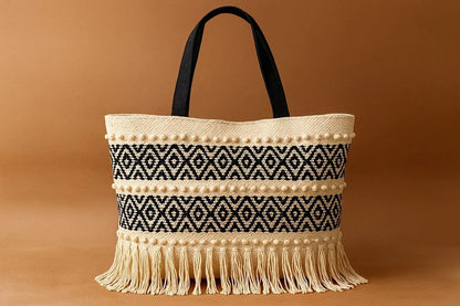 Handcrafted Boho Tote Bag with Popcorn Texture - Geometric Diamond Shoulder Bag