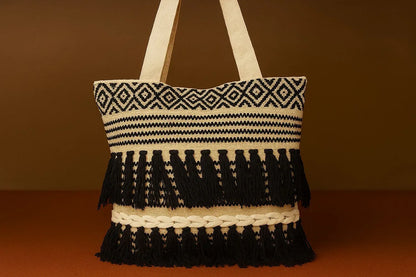 Handcrafted Boho Jacquard Tote Bag - Geometric Woven Shoulder Bag with Tassels & Braided Detail