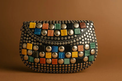 Handcrafted Mosaic Stone & Metal Studded Clutch - Geometric Evening Sling Bag