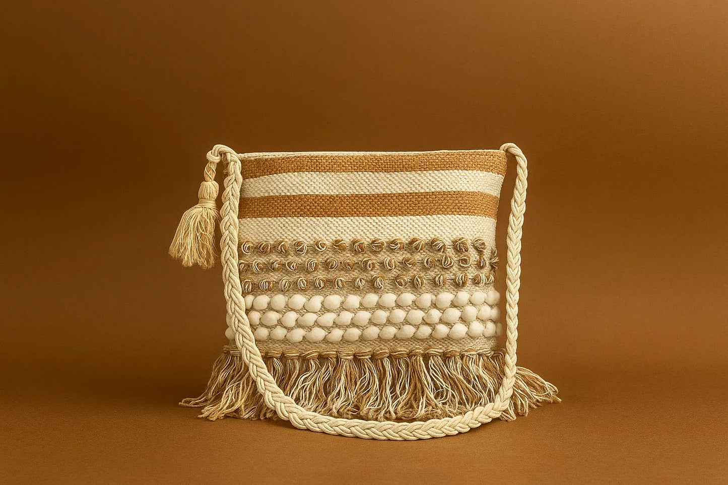 Handcrafted Boho Woven Sling Bag - Textured Crossbody with Braided Strap & Fringes
