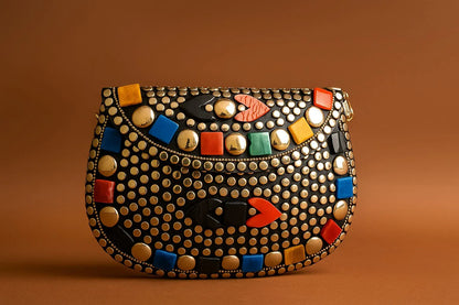 Handcrafted Mosaic Stone & Metal Studded Clutch - Geometric Evening Sling Bag