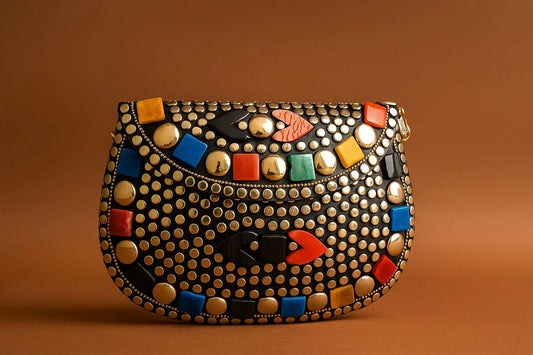 Handcrafted Mosaic Stone & Metal Studded Clutch - Geometric Evening Sling Bag