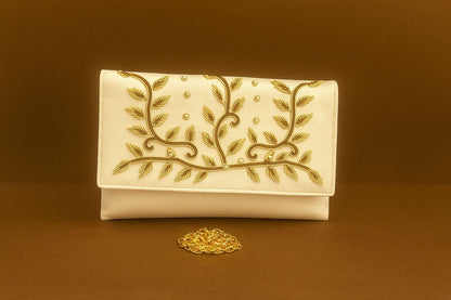 Handcrafted Velvet Envelope Clutch with Zari Embroidery - Golden Vine Party Bag