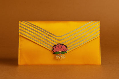 Handcrafted Satin Envelope Clutch with Lotus Motif - Festive Gota Work Bag
