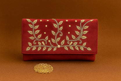 Handcrafted Velvet Envelope Clutch with Zari Embroidery - Golden Vine Party Bag
