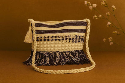 Handcrafted Boho Woven Sling Bag - Textured Crossbody with Braided Strap & Fringes