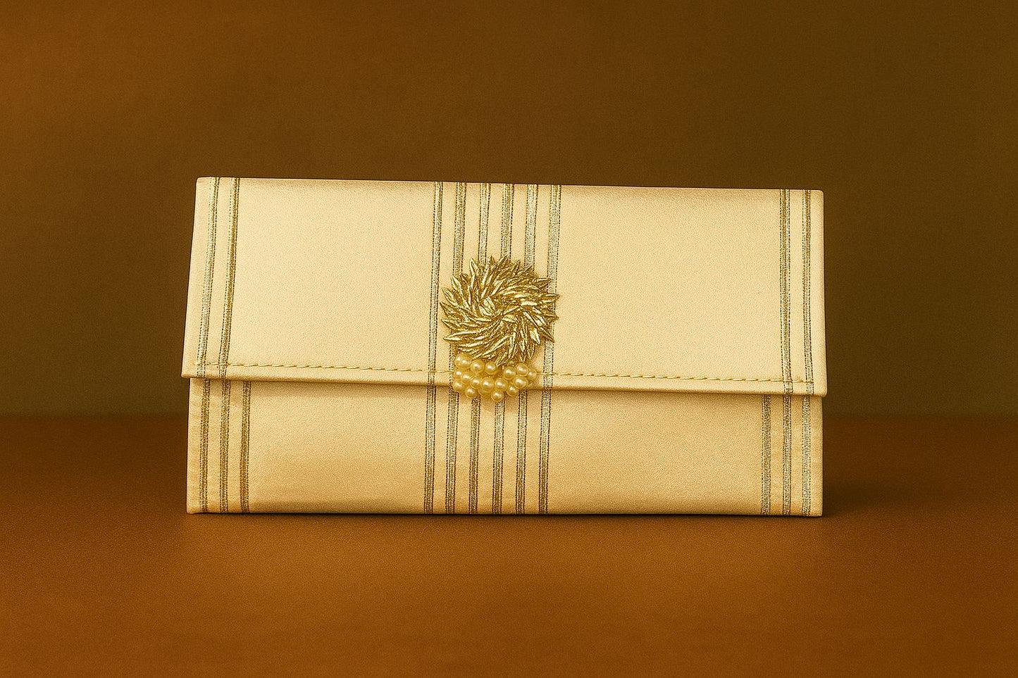 Handcrafted Satin Envelope Clutch with Gold Floral Brooch - Royal Festive Evening Bag