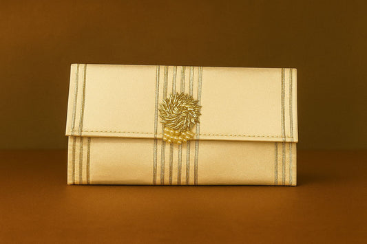 Handcrafted Satin Envelope Clutch with Gold Floral Brooch - Royal Festive Evening Bag