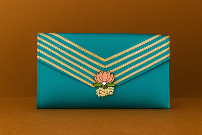 Handcrafted Satin Envelope Clutch with Lotus Motif - Festive Gota Work Bag