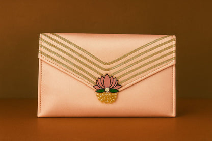Handcrafted Satin Envelope Clutch with Lotus Motif - Festive Gota Work Bag
