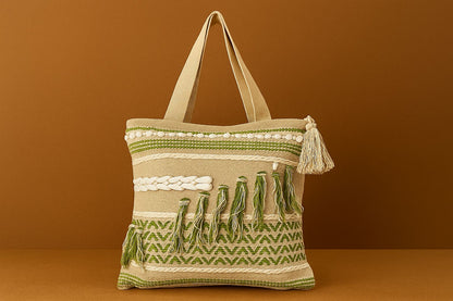 Handcrafted Woven Boho Tote Bag - Textured Macrame & Tassel Canvas Shopper