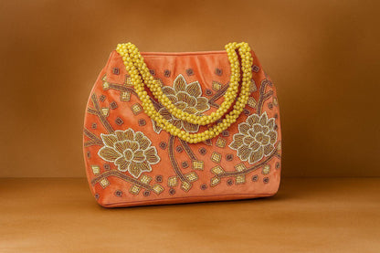 Handcrafted Velvet Mini Tote with Pearl Handle - 'Royal Garden' Floral Zari Handbag