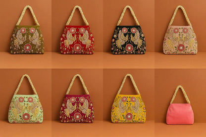 Handcrafted Velvet Mini Tote with Pearl Handle - 'Twin Peacocks' Embroidered Handbag