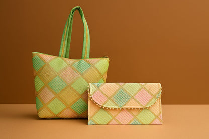 Handcrafted Embroidered Tote & Clutch Combo Set - Ethnic Shoulder Bag with Matching Evening Purse