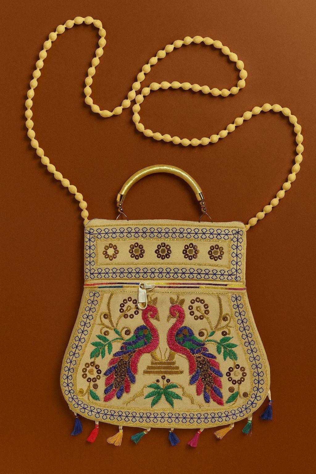 Handcrafted Embroidered Peacock Handbag - Ethnic Sling with Metal Handle & Front Zipper