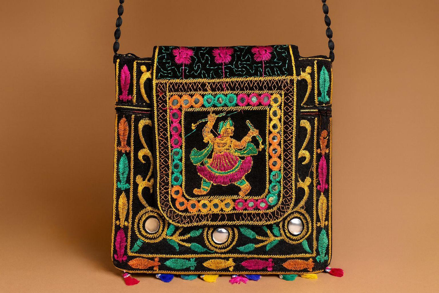Handcrafted Black Mirror Work Sling Bag - Ethnic Goddess Embroidery & Beaded Strap