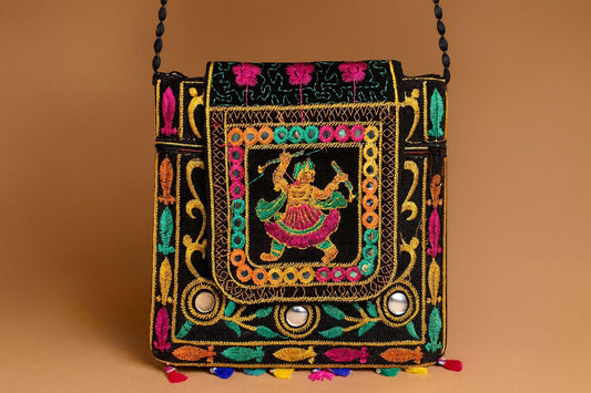 Handcrafted Black Mirror Work Sling Bag - Ethnic Goddess Embroidery & Beaded Strap